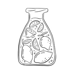 Printable coloring page for adult and childrens with outline jar and lemonade. Line art design for antistress colouring book. Hand drawn black and white illustration in vector doodle style