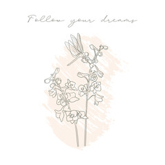 follow you dreams slogan with contour sketch of flowers and dragonfly, pastel color print, hand drawn illustration
