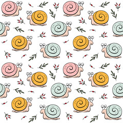 Seamless pattern with cute yellow snails, leaves and berries on a white background. Creative children's textures for fabric, packaging, textiles, wallpaper, clothing. Vector illustration. © Nina