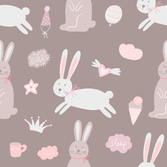 Seamless cute pink easter or happy birthday pattern with rabbits or new born bunnies and icecream and clouds pattern for kids apparel and gift or wrapping paper. Hearts and clouds.