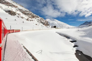 Peel and stick wall murals Landwasser Viaduct Red Express in the Winter Season, Swiss Alps Grindelwald, Switzerland