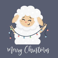 Cute card for the New Year. Cute sheep holding a New Year herringbone