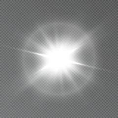 White glow. Transparent shining sun, bright flash on a transparent background. PNG effect