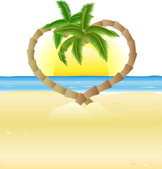 romantic beach, heart palm trees illustration