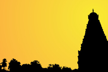 Illustrative and Silhouette view of Hindu Temple Thanjai Periya Kovil at Thanjavur during sunset