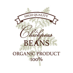Hand drawn vintage chickpeas logo template. Vector illustration in sketch stile. Botany design isolated on white