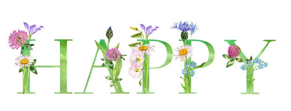 watercolor drawing lettering happy with flowers, hand drawn illustration