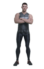 Fototapeta premium 3D Render : A young man wearing tank top, sport legging pants and sneakers is standing with arms crossing , PNG transparent
