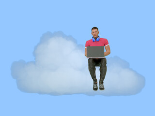 3d render : young handsome man working as a programmer sitting on the cloud with light blue background, cloud technology concept