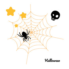 Spider sits in the web vector. Halloween greeting card.