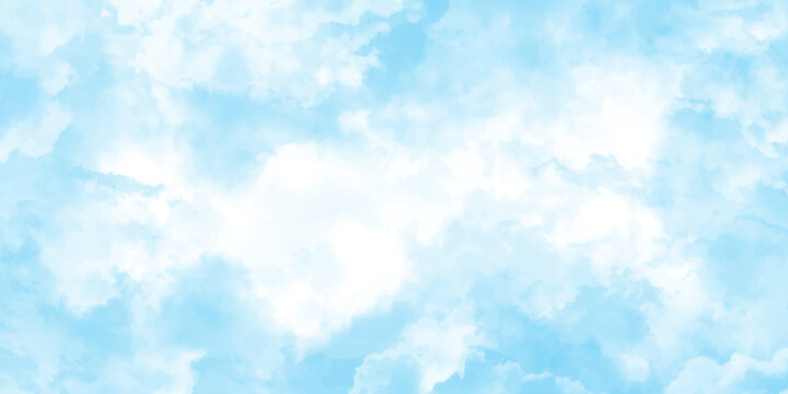 Panorama of blue sky with white clouds. Sky clouds landscape light background.White cumulus clouds formation in blue sky. sunny heaven landscape, bright cloudy sky view from airplane, copy space.><