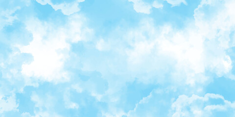 Panorama of blue sky with white clouds. Sky clouds landscape light background.White cumulus clouds formation in blue sky. sunny heaven landscape, bright cloudy sky view from airplane, copy space.><