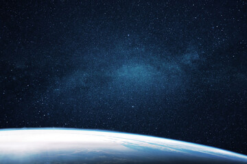 Beautiful blue planet Earth with a deep spacious starry space with stars