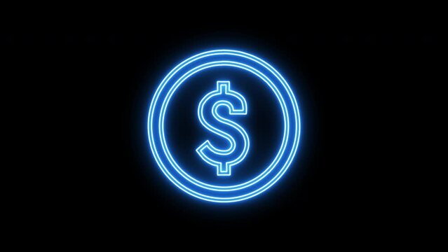 4k Animated Dollar Icon. Colorful Neon Light Dollar Sign USA Currency Digital Animation Isolated on Black Backdrop. Green Neon Dollar Cents Sign and USD Coin. USA Payment system. Dollar sign abstract.