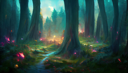 Beautiful Misty Forest of Fog in the Morning and Evening. Fantasy Backdrop. Concept Art. Realistic Illustration. Video Game Background. Digital Painting. CG Artwork. Scenery Artwork. Serious Painting
