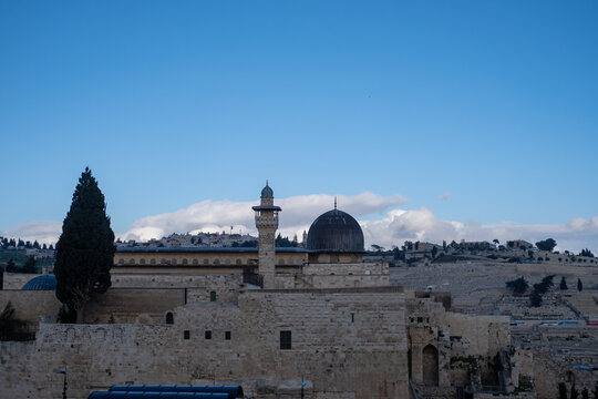 Old Sacred City of Jerusalem, Holy Mosque and Western Wall in the same photo, beuatiful historic wallpaper