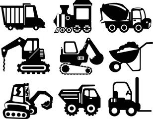 Set of Constructions Mixer Vehicles flat isolated vector Silhouettes
