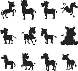 Set of Zebra Digital Stamp flat isolated vector Silhouettes