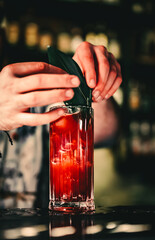 bartender making cocktail Bloody Mary in a nightclub bar