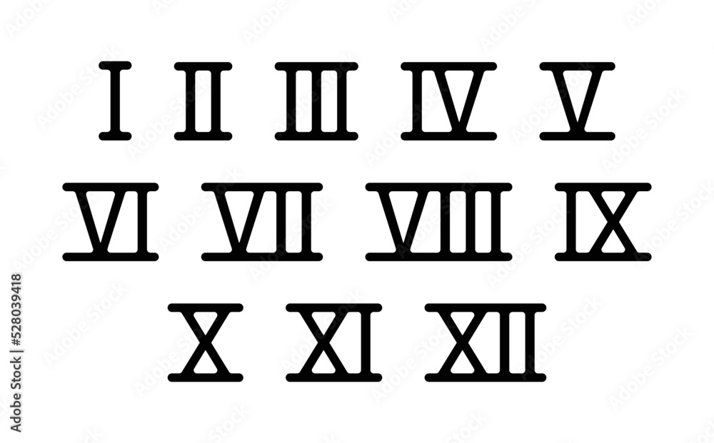 Poster roman numerals icon set. roman ancient number font 1 to 12 vector illustration.