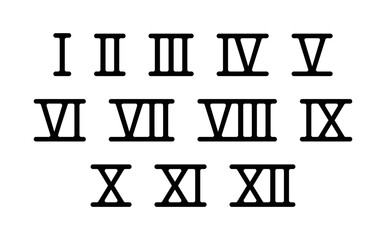 Roman numerals icon set. Roman ancient number font 1 to 12 vector illustration.