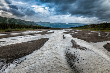 The braided, glacial Toklat river in the Denali National Park, Alaska
