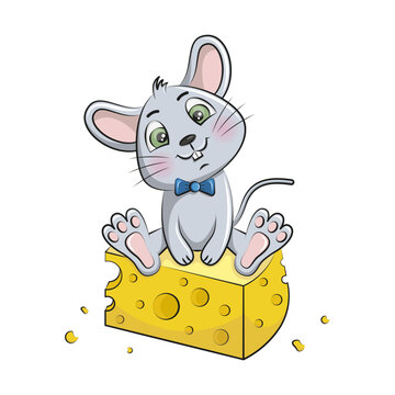 vector illustration of a mouse sitting on a piece of cheese