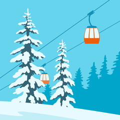 Ski winter resort. Cable car. Ate in the snow. Background with clouds and blue sky. Cartoon illustration