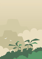 Landscape with tropical forest and palm trees. Green rainforest and mountain. Cartoon vector illustration poster. Wildlife background