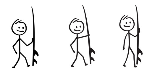 Cartoon surf stickman, stick figure man andb surfboard. Summer surfing. Surf board for wave. Surfer for water sport.