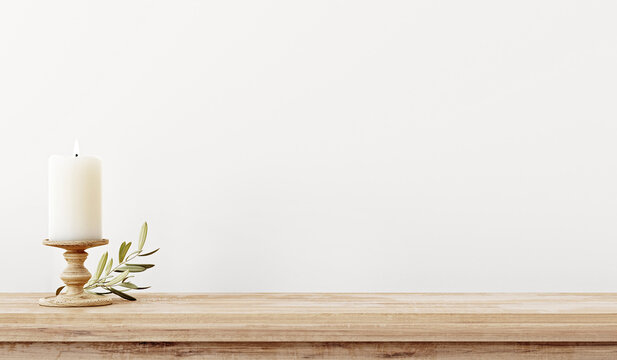 Simple minimal interior wall mockup with candle and plant twig on rustic brown wooden shelf on empty white background. 3d illustration, 3d rendering
