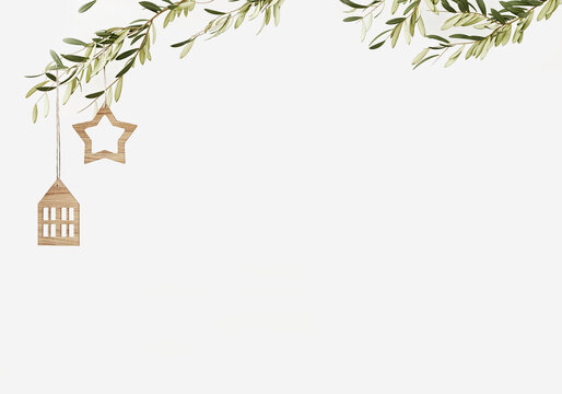 Simple and minimal Christmas wall mockup with wooden hanging decoration and green branches on empty white background. 3d illustration, 3d rendering