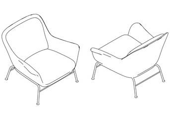 Isometric outline armchairs set. Simple Outline Drawing, Isolated Vector