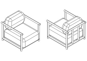 Isometric outline armchairs set. Simple Outline Drawing, Isolated Vector
