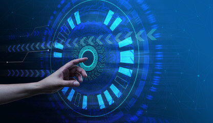 Virtual start button on the holographic screen, starting a business and a new life.