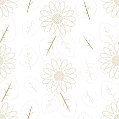 Küchenrückwand glas motiv Vector seamless pattern with sunflowers and leaves silhouettes. Vector print with line art flowers and leaves © Birdy