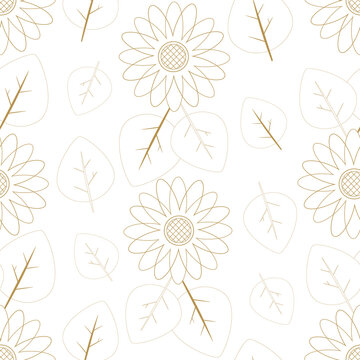 Vector seamless pattern with sunflowers and leaves silhouettes. Vector print with line art flowers and leaves