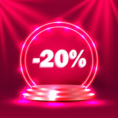 Stage podium percent. Stage Podium with share discount percentage 20. Vector illustration