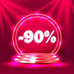 Stage podium percent. Stage Podium with share discount percentage 90. Vector illustration