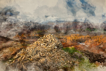 Digital watercolour painting of Majestic landscape image of stunning Autumn sunset light across Langdale Pikes looking from Holme Fell in Lake District