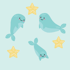 Cute smiling dolphins, whales, narwhals set. Collection of marine animals and cetacean with fins underwater isolated. Cartoon vector illustration for children's clothing design, cards, print