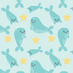 Cute smiling dolphins, whales, narwhals seamless pattern, texture, background, wallpapers, endless ornament, repeating print. Marine animals and cetacean vector illustration for textiles, fabric © Alexandra
