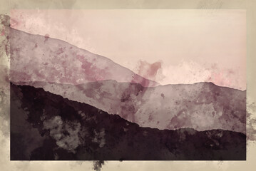 Digital watercolour painting of layers of mountains at sunset in Lake District