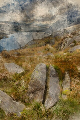 Digital watercolour painting of Epic early Autumn Fall landscape of view along Ogwen Valley in Snowdonia National Park under dramatic evening sky with copy space