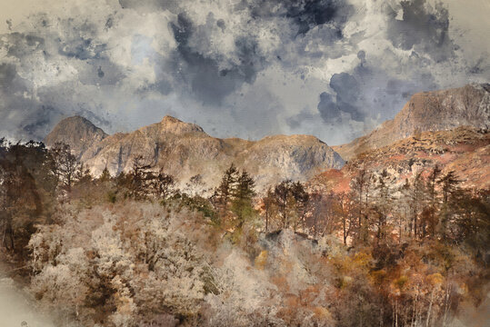 Digital watercolour painting of Majestic landscape image of stunning Autumn sunset light across Langdale Pikes looking from Holme Fell in Lake District
