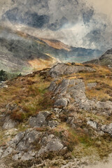 Fototapeta na wymiar Digital watercolour painting of Epic Autumn landscape image of view along Nant Fracon valley in Snowdonia National Park with dramatic evening sky and copy space