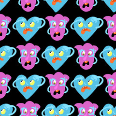 Seamless vector monster pattern with blue ghosts heart and pink crying flower face on black background for wrapping or gift paper and kids textile apparel