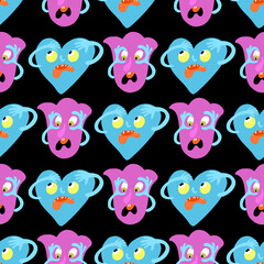 Fototapeta premium Seamless vector monster pattern with blue ghosts heart and pink crying flower face on black background for wrapping or gift paper and kids textile apparel