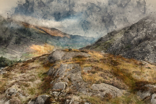 Digital watercolour painting of Epic Autumn landscape image of view along Nant Fracon valley in Snowdonia National Park with dramatic evening sky and copy space