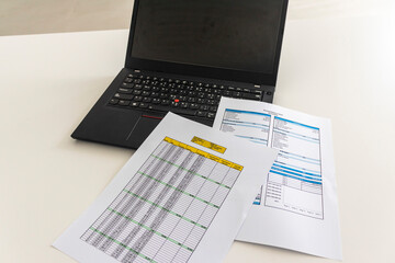 Close up shot of a print outs of excel table of a bank loan amortization table, personal balance...